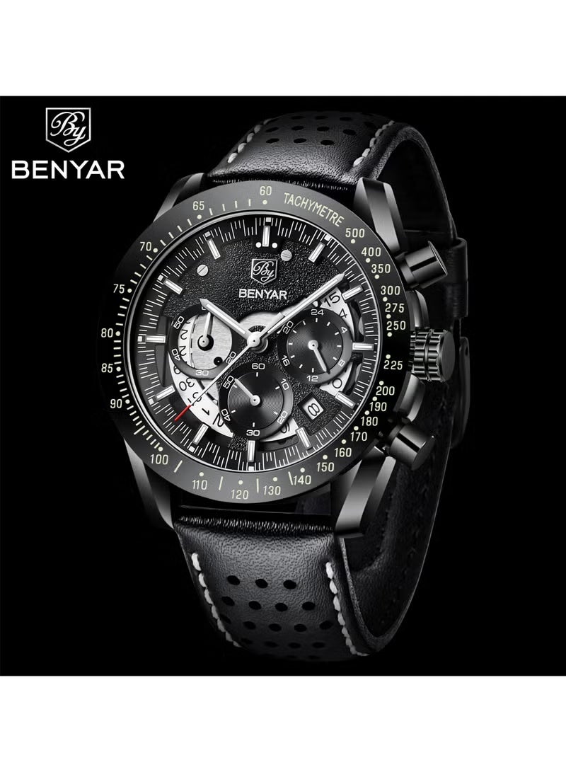 BENYAR Watches for Men Luxury Quartz Water Resistant Watch Men's Chronograph Genuine Leather Strap 5120 Black - Image 3